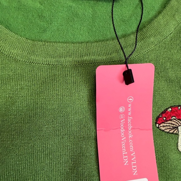 Voodoo Vixen Forest Green Sweater with Red Mushroom Embroidery - Picture 5 of 5